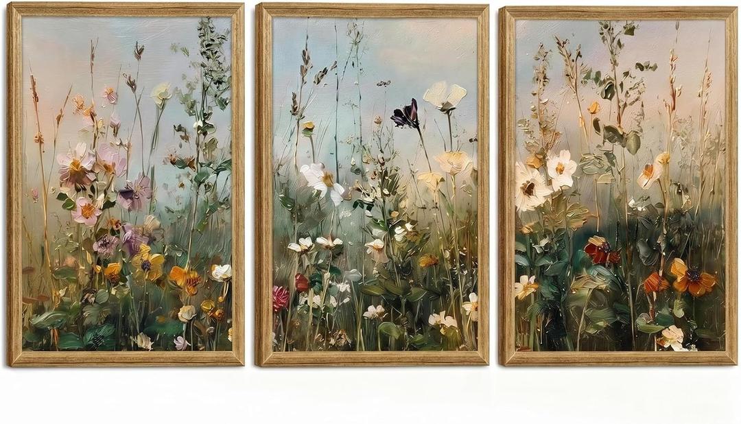 Framed Wildflower Canvas Wall Art Botanical Home Decor 3Pcs 24x16 Inch