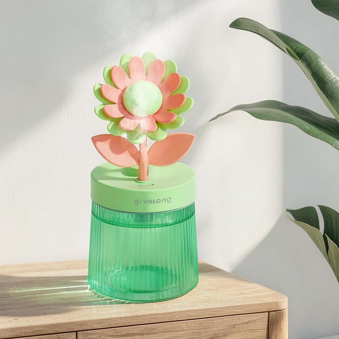 Cute Flower Mini Humidifier, 260ml Gardenia Desktop Humidifiers for Bedroom, Portable Small Cool Mist Humidification for Home, Baby Nursery, Office & Indoor Plants, USB Powered (Green)