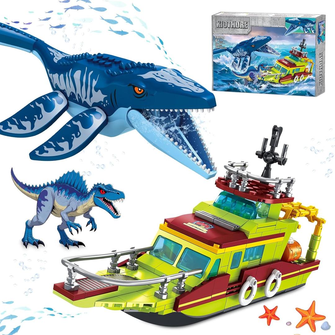 kiothdre 3 in 1 Ocean Explorer Dinosaur Building Set Compatible with Dinosaur Park World, City Boat Ship & Mosasaurus Spinosaurus Dino Toys with Poseable Joints, Toys for Kids Boys Age 6-12