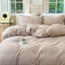 Nayoroom Brown Gingham Comforter Set Queen Size Tan White Plaid Checkered Comforter 3 Pieces Soft Lightweight Grid Dorm Bedding Set for All Seasons