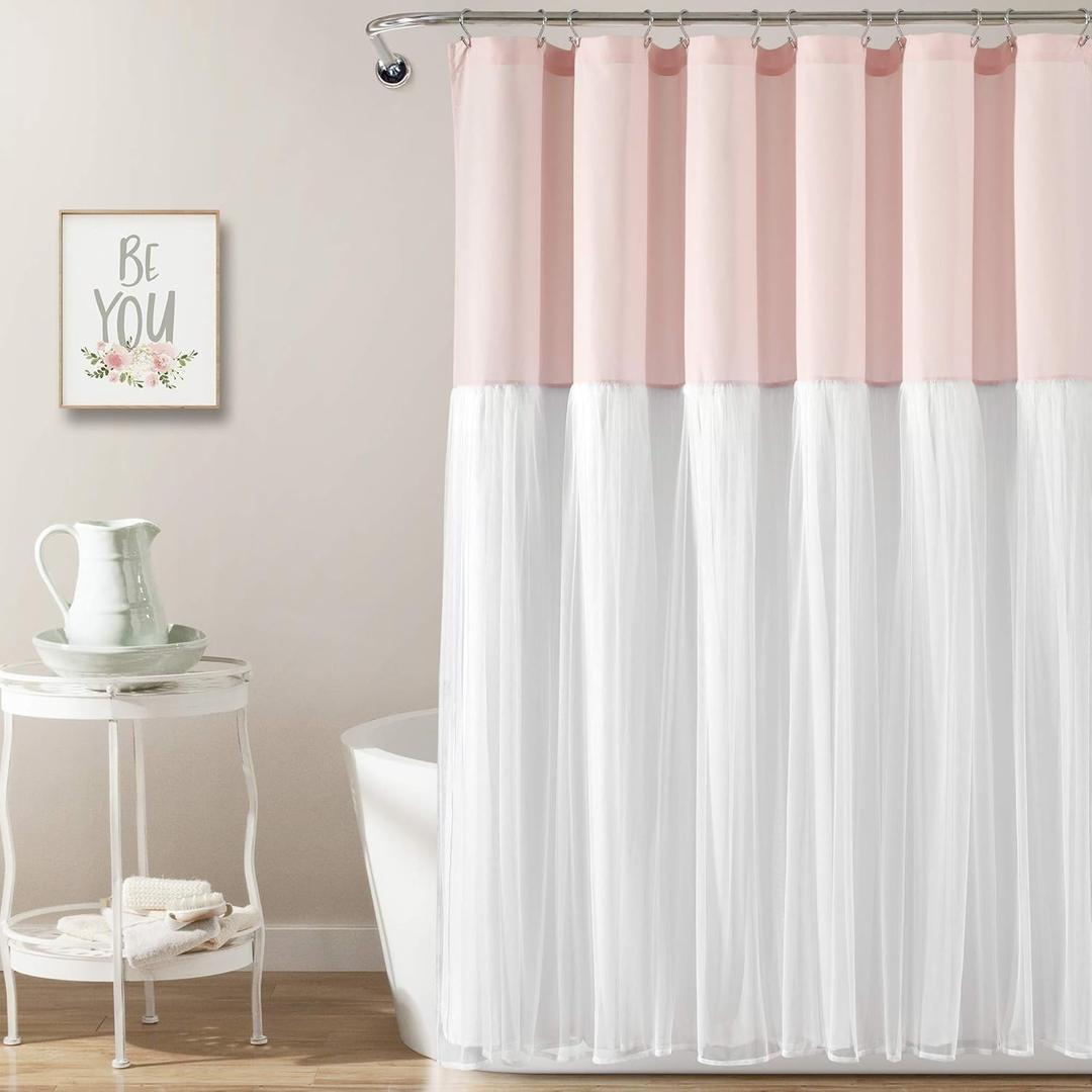 Lush Decor - Shower Curtain, Luxurious Ruched Material, Color Block Design, Chic Bathroom Decor (Tulle Skirt Blush & White, 72" x 72")