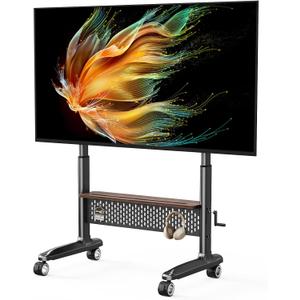Hand Crank Lift Mobile TV Cart for 40-90 Inch Large LCD LED Flat Curved Screens up to 220 lbs, Heavy Duty Rolling TV Stand with Hole Platform, Free Height Adjustable, Max VESA 800x600mm