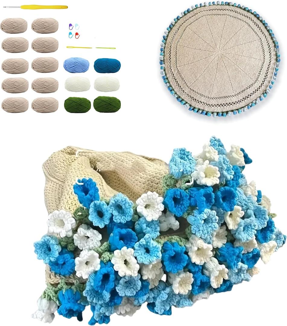 Crochet Flowers Rose Bouquet Blanket- DIY Crochet Flower Bouquet Kit[Need to Weave by Yourself] - Handmade Rose Blanket,for Home Decor100*100CM (Blue)
