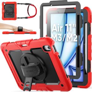 SEYMAC stock for iPad Air 11 inch Protective Case M3 2025/ M2 2024 (Air 7th/6th Generation), Heavy Duty Case with Screen Protector, Pencil Holder, Rotating Stand, Hand Strap, Shoulder Strap, Red