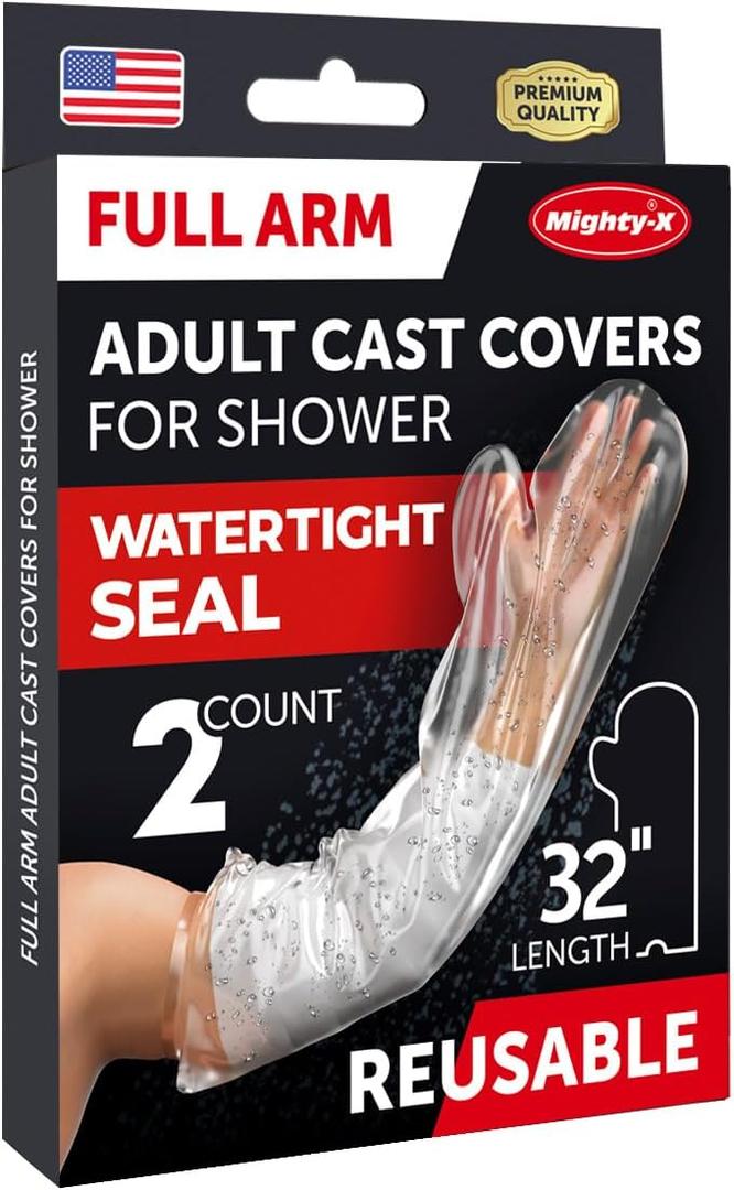 100% Waterproof Cast Covers for Shower Arm - Tight Seal - 2pk Adult Reusable Cast Protectors - Full Arm Bag Sleeves for Wounds Care - After Surgery Shower Bag for Hand, Wrist, Elbow, Forearm