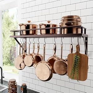 KES 30-Inch Wall Pot Rack, Oil Bronze, 88lb Capacity, 12 Hooks, Farmhouse
