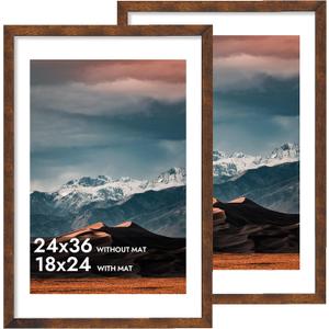 iRahmen 24x36 Poster Frame with 20x30 Mat - Plexiglass Wooden Picture Frames for Photo Wall Gallery Mounting (Dark Brown, Set of 2)