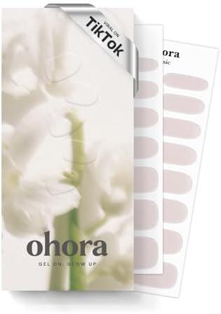 ohora Semi Cured Gel Nail Strips (N Glazed Glow) - White, Glazed, Works with Any UV/LED Lamps, Salon-Quality, Long Lasting, Easy to Apply & Remove - Includes 2 Prep Pads, Nail File & Wooden Stick
