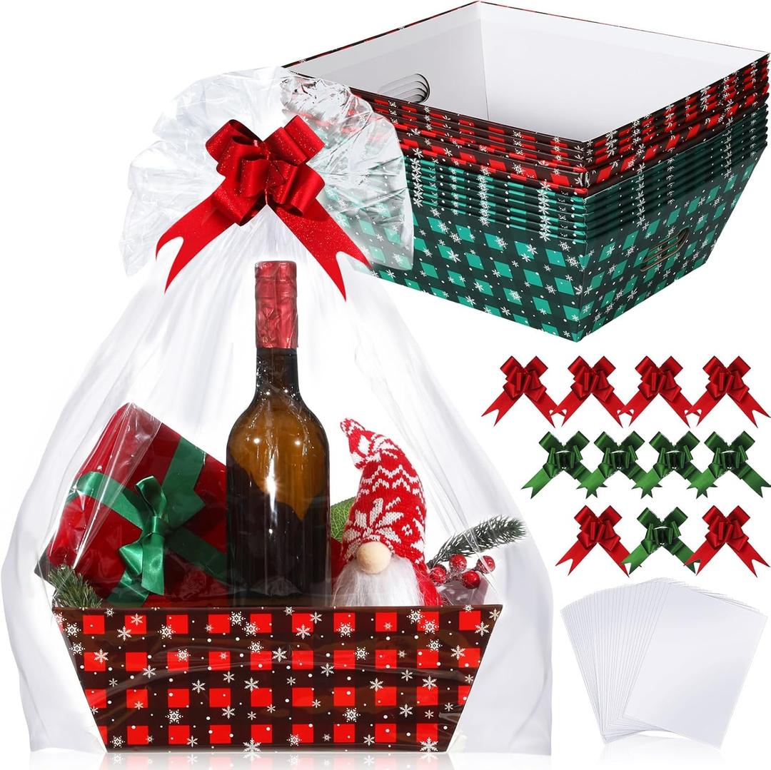 Cholemy 36 Pcs 12 Pack 12x10x4 Christmas Basket Empty Large Size Basket Empty Bulk, Includes 12 Cardboard Baskets with Handles, 12 Plastic Bags, 12 Bows, Cardboard Tray Large Gift Baskets Kit(Plaid)