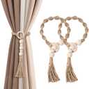 Macrame Curtain Tiebacks with Wooden Beads, Jute Rope Boho Holdbacks with Tassels, Natural Beige, 2-Pcs
