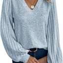 Women's Ribbed Knit Long Sleeve T Shirts V Neck Casual Tee Tops Fall Outfits (M)