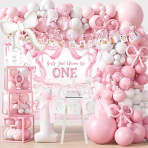 Pink Bow 1st Birthday Decorations, First Birthday Party Supplies for Girl, Pink White Balloon Arch Balloon Box Girls Just Wanna Be One Backdrop High Chair Banner 1st Birthday Hat