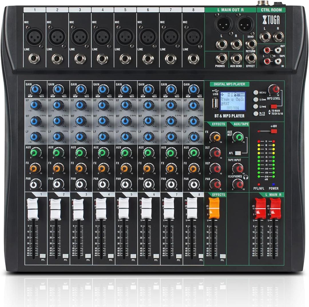 XTUGA 8 Channel Audio Mixer, Professional Sound Board Mixer, DJ Mixing Console System Audio Interface,48V Phantom Digital Effect for PC Podcast Studio Karaoke Streaming Live Recording(CT80)