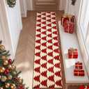 COLLACT Christmas Runner Rug 2x7 Red Hallway Red on Cream Xmas Tree Runner Kitchen Washable Rug Non Slip Holiday Decorative Floor Carpet Soft for Bedroom Bathroom Laundry Living Room