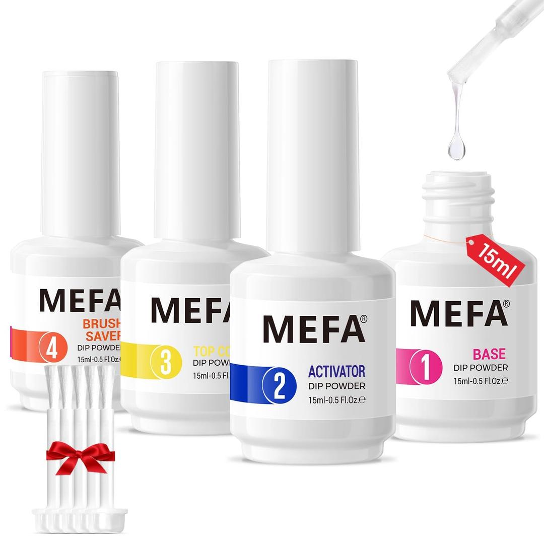 MEFA Dip Powder Liquid Set Base, Top Coat, Activator, Brush Saver 15 ml 0.5 Oz 4 Pcs with 5 Replacement Liquid Brushes for Dipping Powder Nail Kit No Nail Lamp Needed
