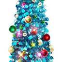 N&T NIETING Collapsible Blue Tinsel Christmas Tree with Lights & 30 Balls - 5Ft Skinny Tree for Holiday Home Office Decor