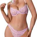 SOLY HUX Women's Bra and Panty Set Floral Lace Underwire Push Up 2 Piece Sexy Lingerie Set (Solid Light Pink) M