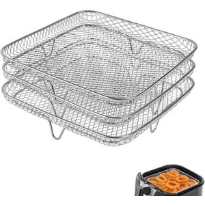 RAMLLY 8 inch Air Fryer Rack for Instant Vortex Fryer, Philips, COSORI Fryer, Square Three Stackable Racks, Stainless Steel Multi-Layer Dehydrator Rack, Air Accessories