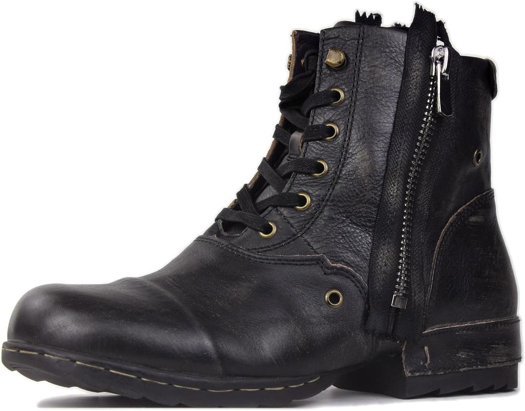 Mens Chukka Biker Cowboy Stylish Motorcycle Combat Hiking Fashion Casual Cowhide Leather Ankle Side Zipper Boots CD-5008-8-Retro-US-R, 10.5