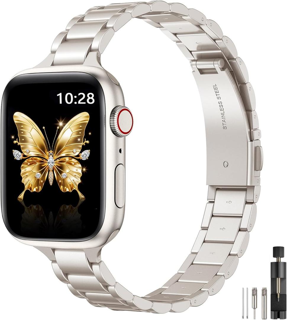 WFEAGL Thin Metal Bands Compatible with Apple Watch Band 46mm 45mm 44mm 49mm 42mm (Series 3 2 1) for Women, Slim Stainless Steel Wristbands for iWatch Ultra SE Series 11 10 9 8 7 6 5 4 (Starlight)