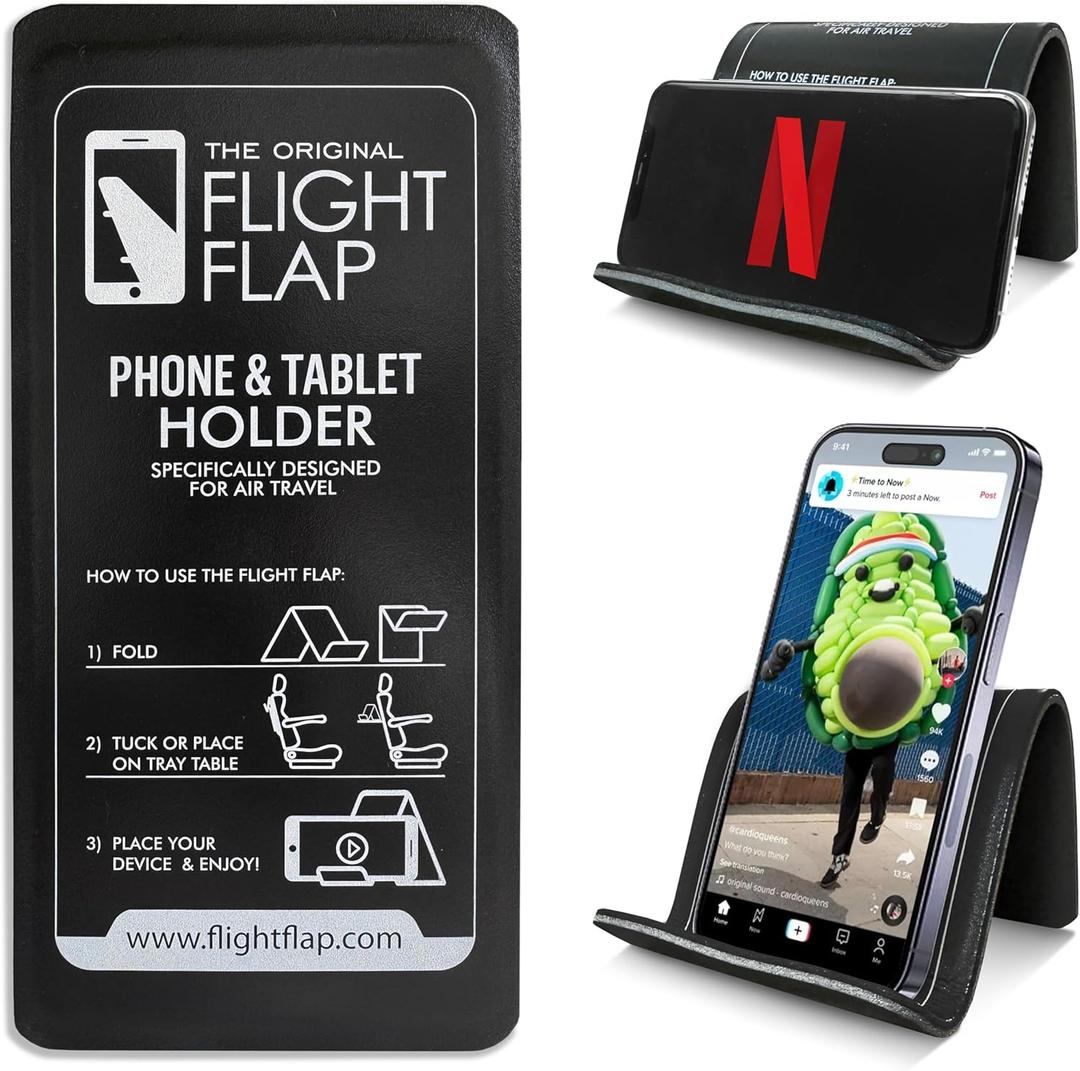 Airplane Phone Holder, Flexible Cell Phone Holder, Folding Cellphone Stand for Desk, Bed, Office, Treadmill - Airplane Gadgets for Long Travel Accessories - Plane Essentials (Black)