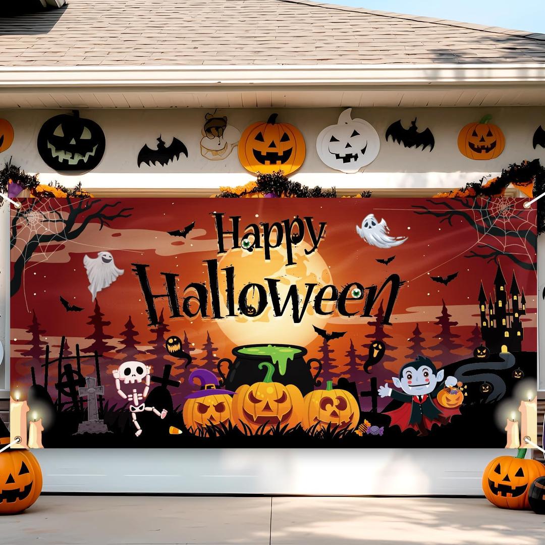 Halloween Garage Door Cover, 6 x 13 Ft Scary Pumpkin Ghost Garage Backdrop Wall Hanging Banner for Indoor Outdoor Holiday Party Happy Halloween Large Haunted House Decorations