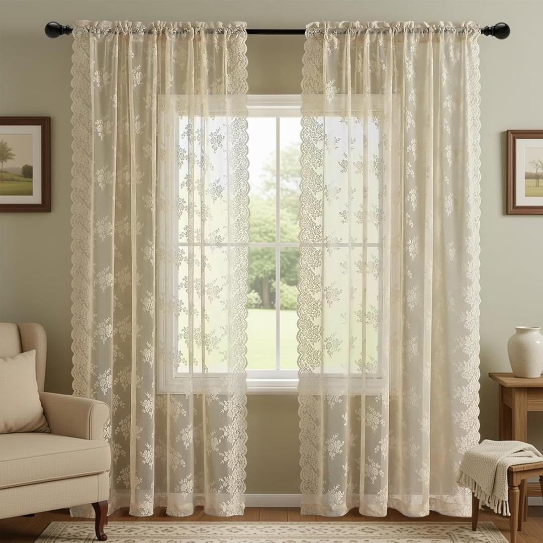 Kotile Beige Lace Curtains 102 Inches Long for Living Room, 2 Panels Country Rustic Floral Vintage Cream Sheer Lace Curtains for Bedroom, Rod Pocket Privacy Window Curtain Drapes, 52 x 102 Inch, Beige