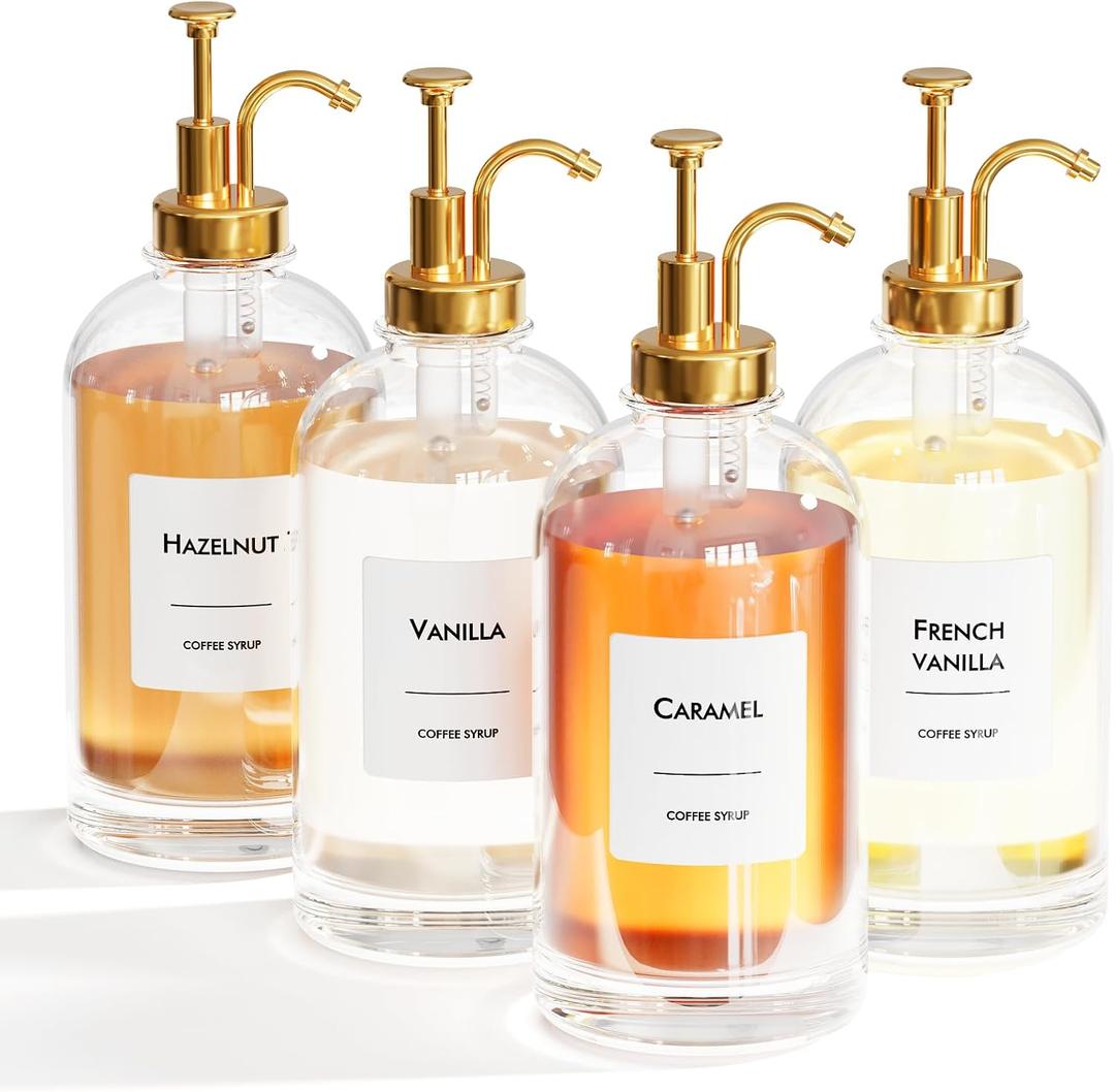 16.9 oz (500 ml) Coffee Syrup Dispenser Set- 2 Glass Bottles with Gold Pumper and Syrup Labels - Precise Dispensing and Stylish Addition to Coffee Shop, Cafe or Home Bar