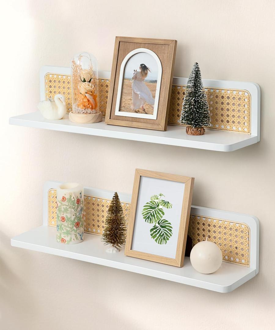 Rattan Floating Shelves, 23.6 Inch Boho Cane Webbing Wall Shelves Farmhouse Display Storage Organizer White Bookshelves Wicker Room Decor for Living Room Bedroom Entryway Hallway, Set of 2 (3.94"x23.6"x3.07")
