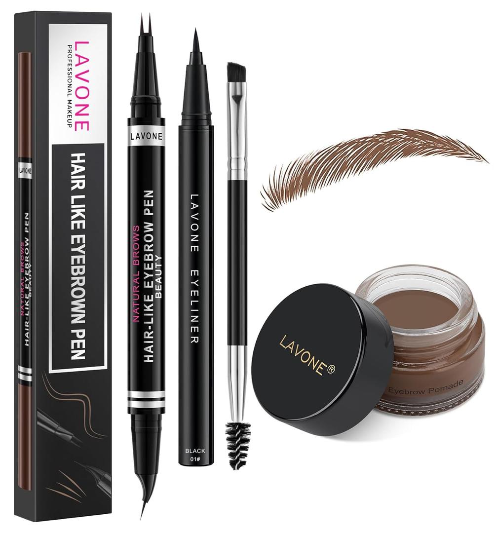 LAVONE Hair-Like Eyebrow Pen Makeup kit, Eyebrow Pencils for Women with Waterproof Microblading Eyebrow Pencil, Eyebrow Pomade, Eyeliner and Eyebrow Brush, Create Full, Natural Brows, Brunette