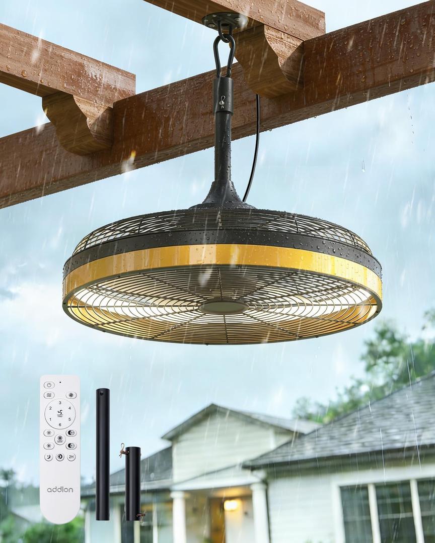 addlon Outdoor Ceiling Fan with Light for Patios, 20 inch Black Waterproof Gazebo Fan Remote&APP Control,6 Speeds 3CCT Dimmable,DC Motor, Plug in Ceiling Fan with Hook Hanging for Pergola Porch Canopy