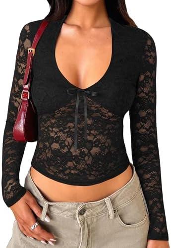 Matunana Womens Long Sleeve Going Out Tops Lace V Neck Mesh Crop Shirts Sexy Cute Y2K Fall Trendy Outfits 2025, S