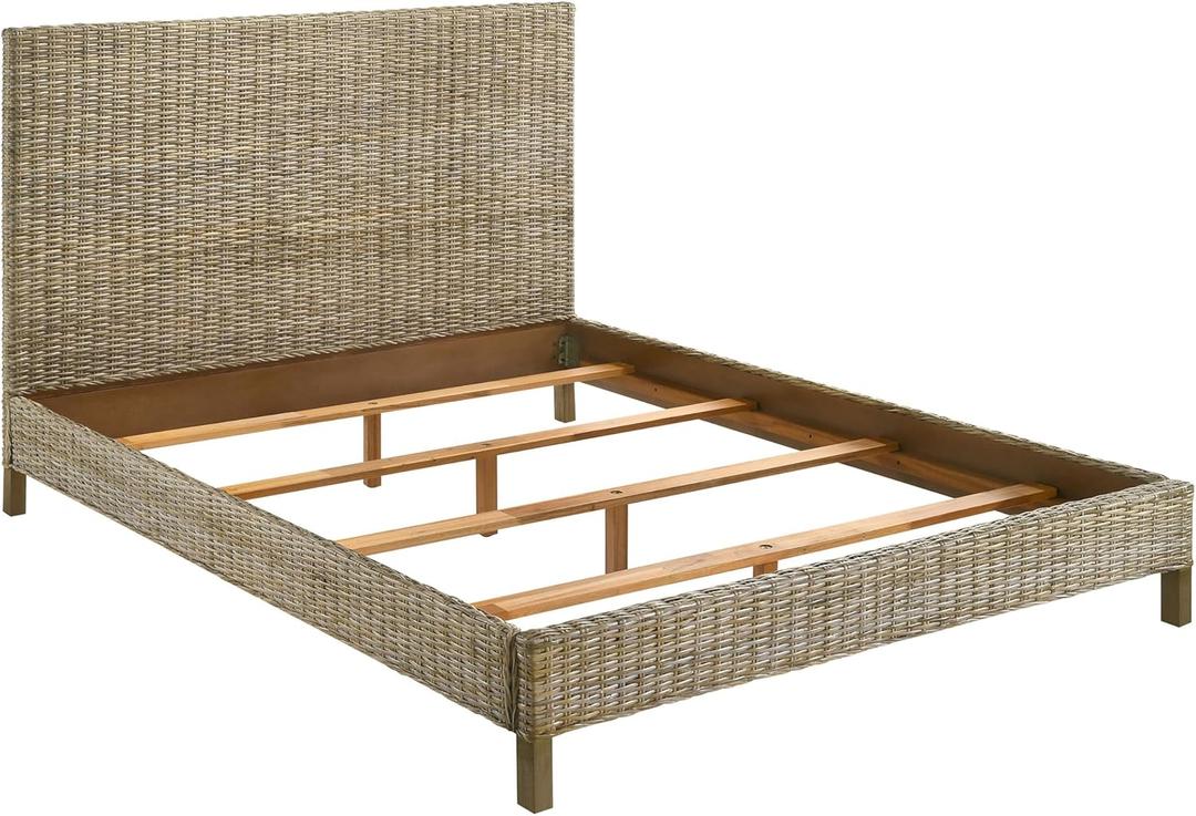 Benjara Ayla Queen Size Bed, Rattan Woven Design, Panel Headboard, Gray Mahogany