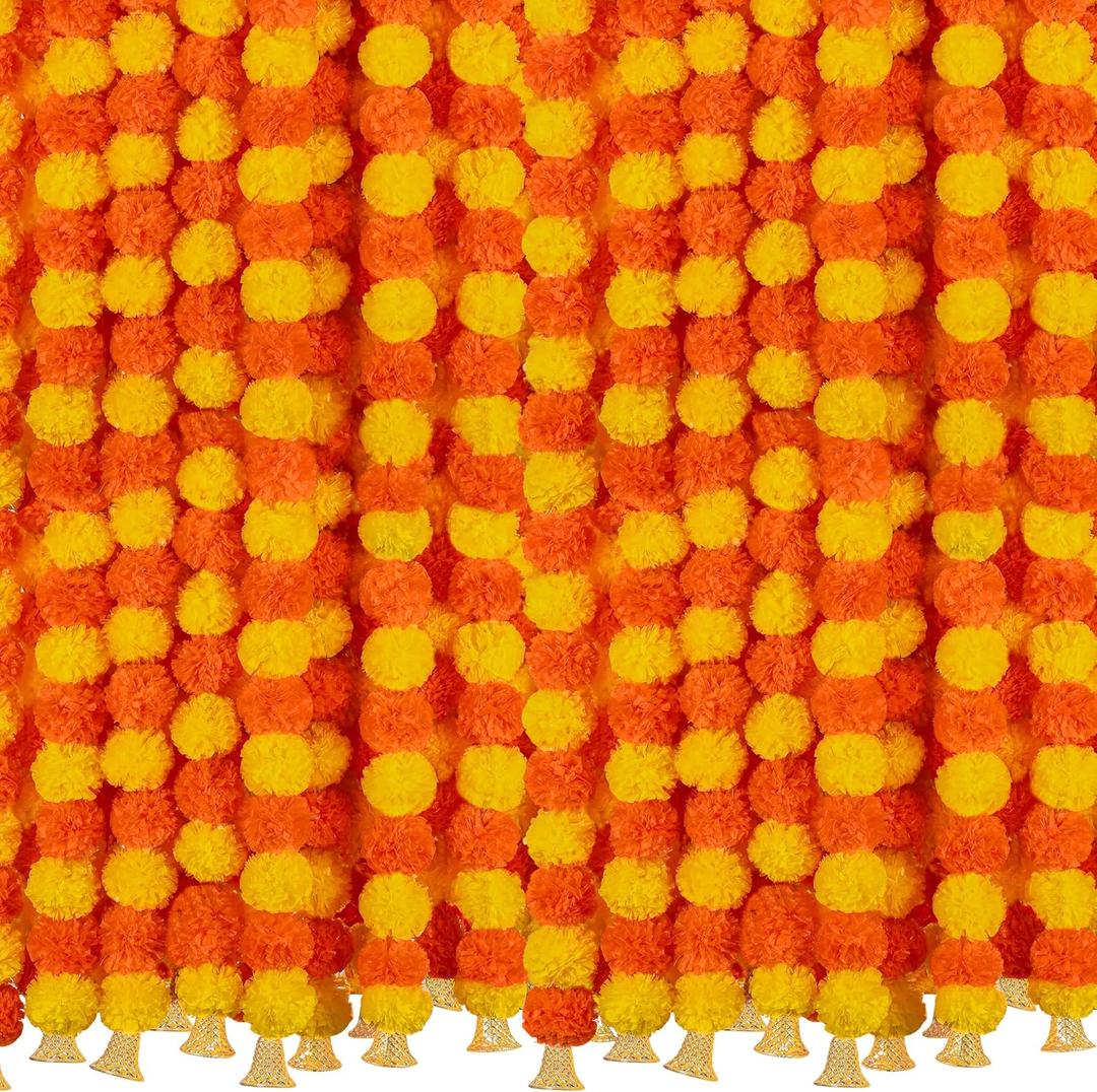 6 Pcs 5 Feet Long Strands Marigold Flowers Garland with Bell Indian Wedding Decoration Artificial Decorations for Altar Faux Flower for Diwali, Pooja, Bush Floral Party (Dark Orange, Yellow)