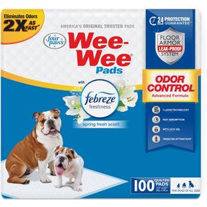 Four Paws Wee-Wee Odor Control with Febreze Freshness Pee Pads for Dogs & Puppies, Leak-Proof Dog Housebreaking Potty Training Floor Protection, Spring Fresh Scent, 22" x 23", 150 Count