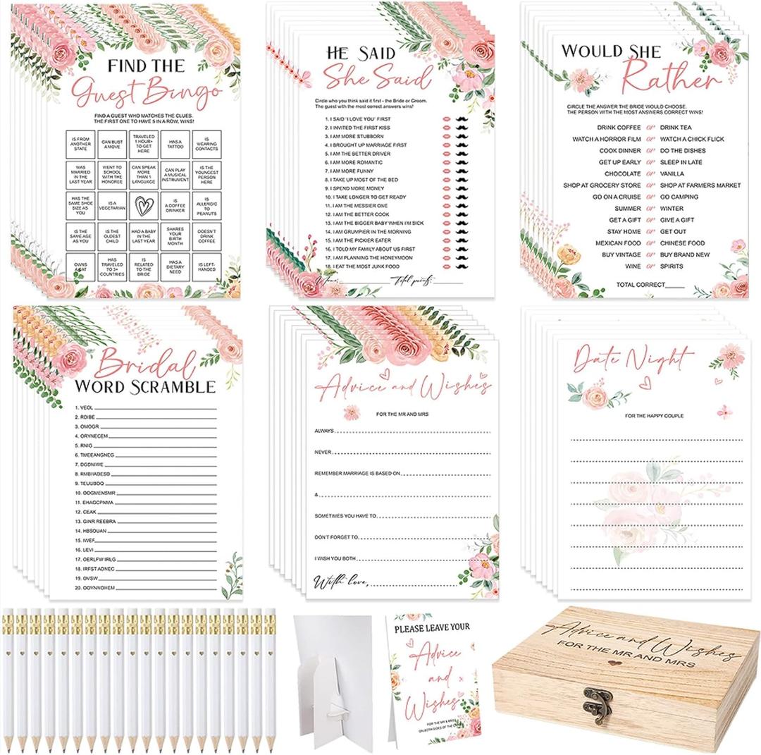 Silipull Bridal Shower Games Set for 50 Guests Includes Bingo, He Said She Said, Scramble, Would She Rather, Advice and Wishes Wedding Games Double Sided with Wooden Box, 20 Pencils(Floral)