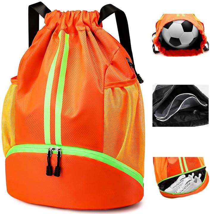 Drawstring Backpack Gym Bag for Women, String Bags Sports Cinch Sackpack with Shoe Compartment and Waterproof Wet Pocket Large Gym Sack for Fitness Swim Basketball Soccer Beach (Orange)