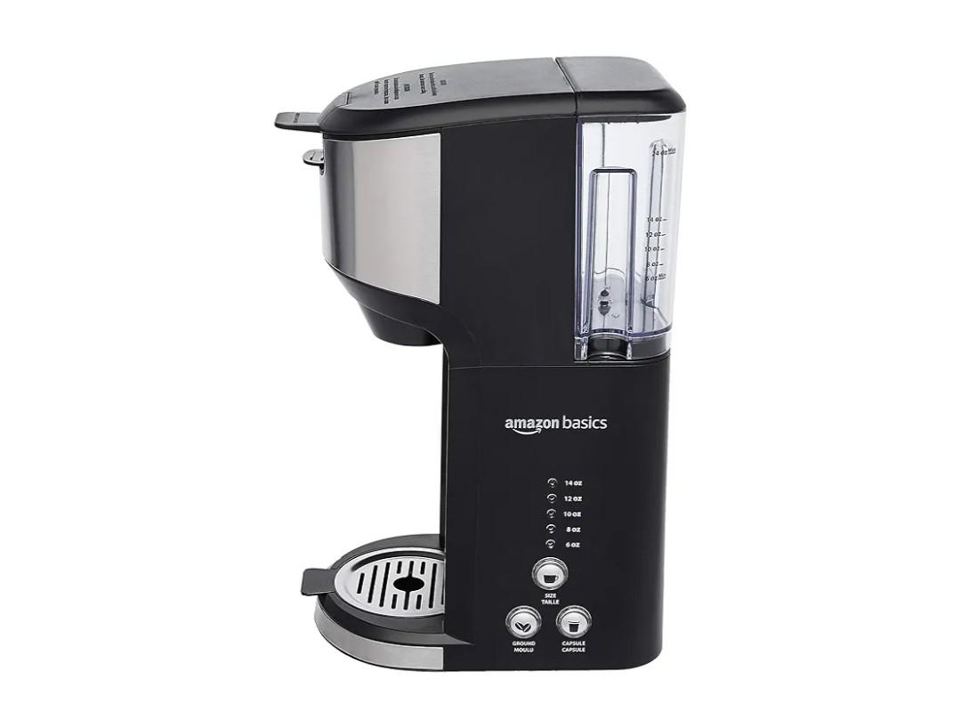 Amazon Basics Single Serve Coffee Maker K-Cup, 14 Oz, Black & Stainless Steel Machine, 5.98"D x 9.44"W x 14.17"H
