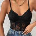 COZYEASE Women's Lace Bustier Cami Bodysuit Plain Sleeveless Slim Fit Sheer Mesh Corset Top Romper (Black, XS)