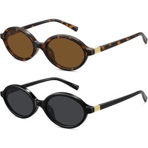 WOWSUN Retro Oval Sunglasses Womens Trendy Sun Glasses Sunnies UV400 Protection (2 Pack: Black Frame Grey Lens+tortoise Frame Brown Lens)
