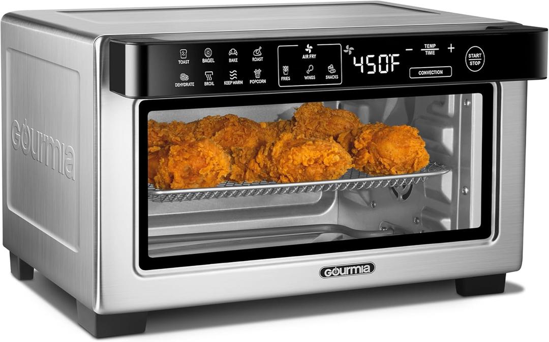 Gourmia Toaster Oven Digital Air Fryer - Convection Mode with 4 Slice Capacity, 3 Rack Positions, 12 Presets, Toast, Bagel, Bake, Roast, Broil, Dehydrate, Popcorn, Fits 9" Pizza, Stainless Steel (Large, Silver)