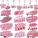 Valentine's Day Wooden Hanging Ornaments Wood Heart Shaped Ornaments Hanging Buffalo Plaid Valentines Day Decor Gnome Truck Heart Decorations Wooden Pink Valentines Decorations for Wedding (36)