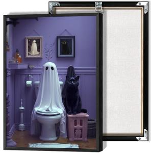 Funny Halloween Ghost On Toilet Canvas Posters Bathroom Ghost Black Cat Wall Art Whimsical Goth Dark Academia Horror Prints Painting For Living Room Bedroom Wall Decor 12x16in Unframed (12L" x 16W", Multi 10)