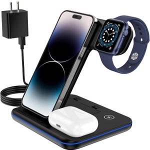 3 in 1 Wireless Charging Station for Apple Charger Stand for iPhone 16 15 14 13 & for Apple Watch Charger Wireless Charging Station for Multiple Devices for AirPods 4 3 Pro (Black)