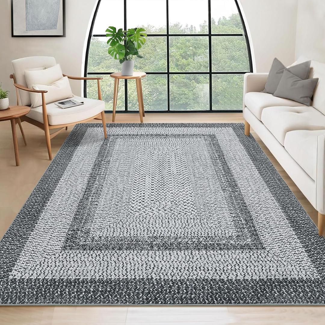 RUGSREAL 9x12 Living Room Rug Large Washable Rug Non Slip Boho Accent Carpet Braided Print Carpet Indoor Throw Floor Cover Farmhouse Rustic Area Rug Bohemian Border Rugs for Bedroom Home Decor, Grey