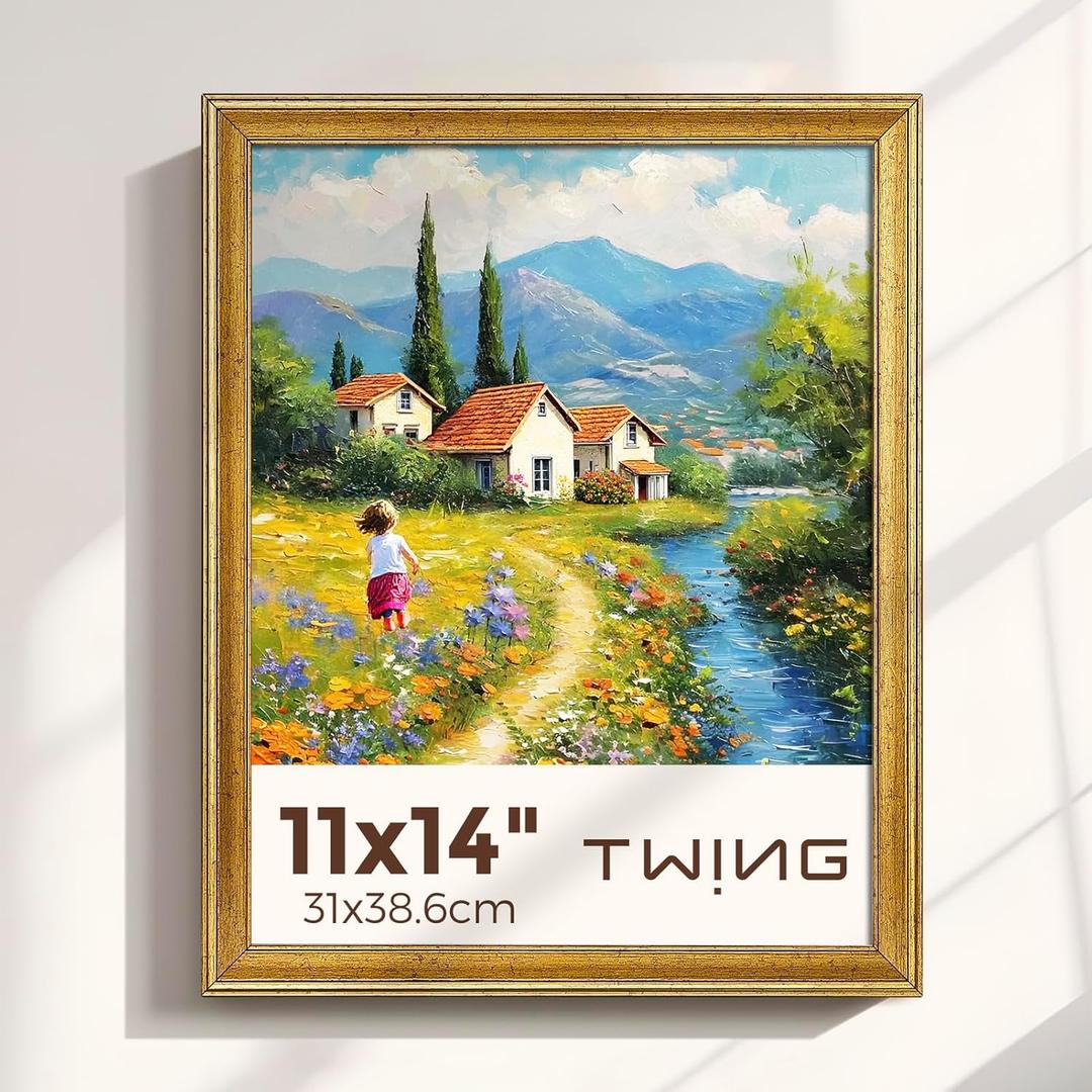 TWING 11x14 Picture Frame,Display Pictures 8x10 with Mat or 11x14 Without Mat,Ornate Picture Frames for Wall Mounting or Table Display,Rustic Gold,1 Pack