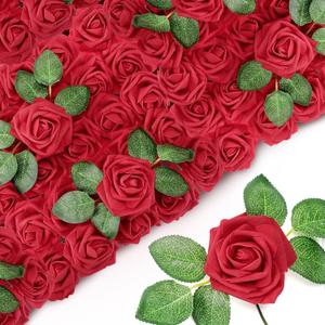 Sherr 250 Pcs Artificial Roses Flowers Bulk Fake Rose with Stem Faux Bridal Flower Centerpiece for Wedding Valentine's Day Christmas Tree Decorations Bridal Shower Party DIY Bouquet(Burgundy)