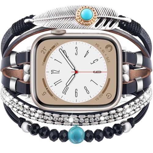 VISOOM Beaded Boho Bracelet CompatibleB For Apple Watch Bands Women 46/45/44/42mm,Posh Multilayer Fashion Handmade Leather Wrap For iPhone iWatch Apple Watch Series 10 9 8 SE 7 6 5 4 3 2 1