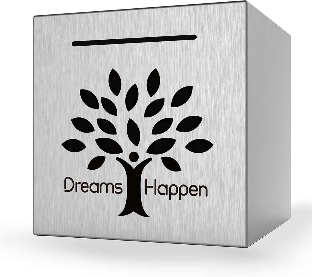 Piggy Bank Must Break to Open, Stainless Steel Piggy Bank Creative Safe Bank for Real Money (Dreams Happen-Silver, 4.72 inches)