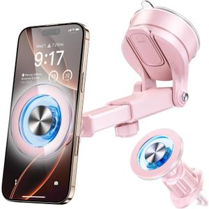 for MagSafe Magnetic Car Phone Holder [2026 Upgraded Strongest Magnet] Car Mount Suction Cell Stand for Dashboard Windshield Vent Compatible with iPhone 16/15/14/13/12/11 Android etc-Pink